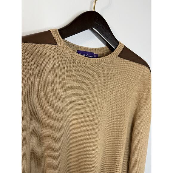 Ralph Lauren Purple Label Sweater Cotton Leather Shoulder Patches Tan Men's XL - Picture 2 of 11